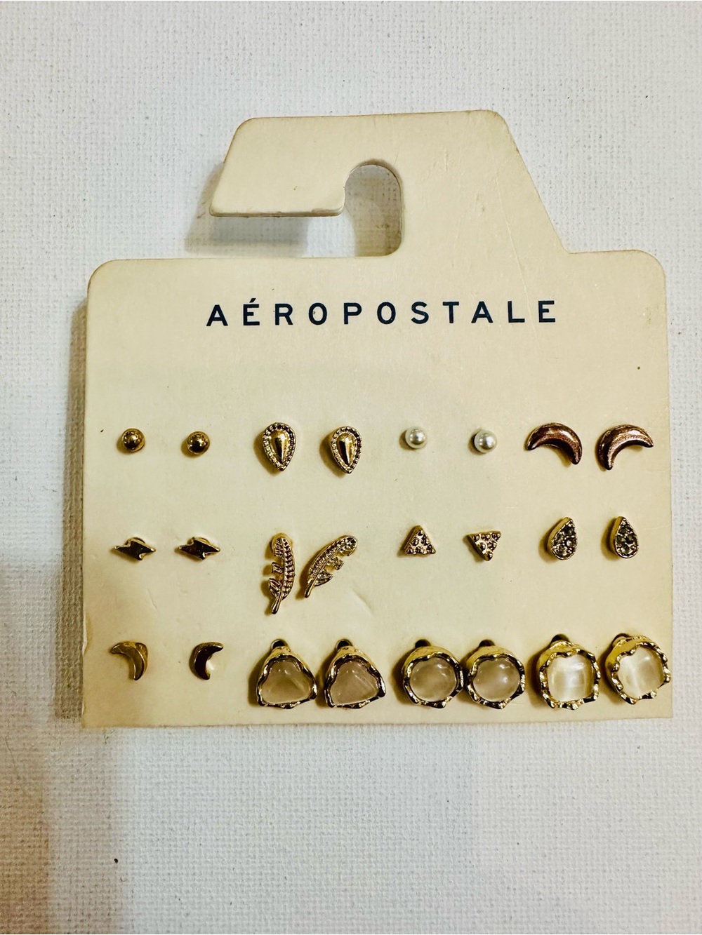 Aeropostale 12 Pair Gold Tone Stud Earring Set Pearl Rhinestone Moon Feather